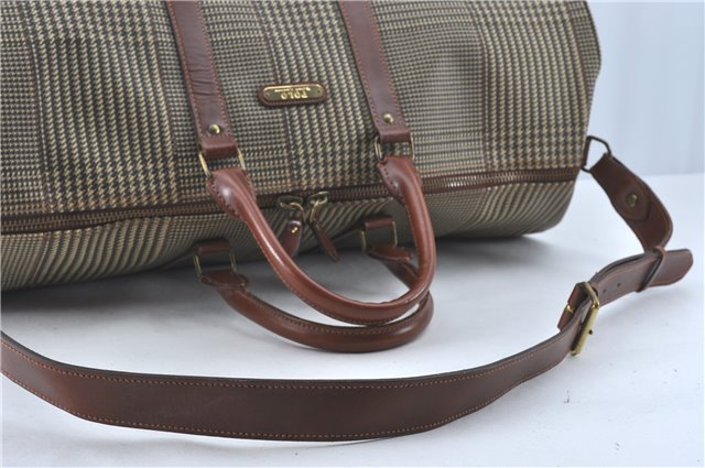 Auth POLO Ralph Lauren Vintage Check PVC Leather Travel Boston Bag Brown J1967