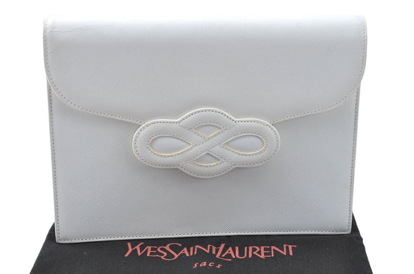 Authentic YVES SAINT LAURENT Clutch Bag Purse Leather White J1975