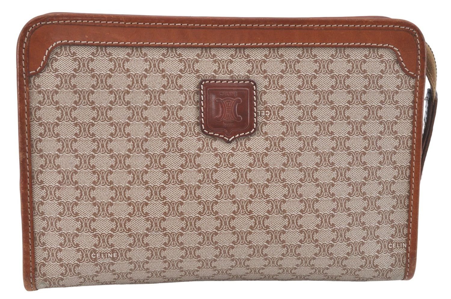 Authentic CELINE Macadam Blason Clutch Hand Bag PVC Leather Beige Brown J1978