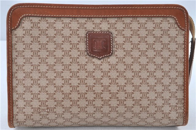 Authentic CELINE Macadam Blason Clutch Hand Bag PVC Leather Beige Brown J1978