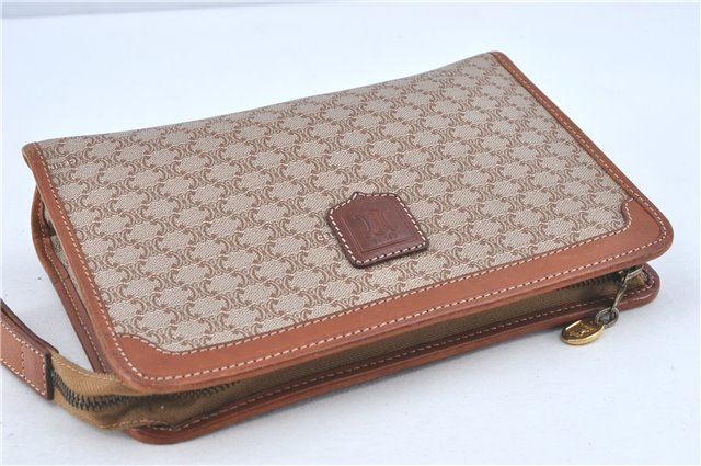 Authentic CELINE Macadam Blason Clutch Hand Bag PVC Leather Beige Brown J1978
