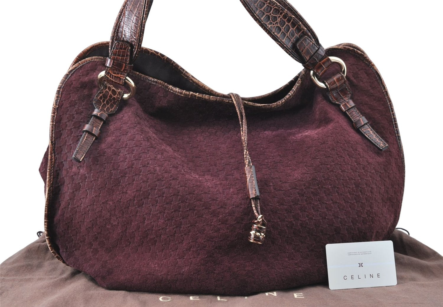 Auth CELINE Macadam Blason Shoulder Tote Bag Purse Suede Leather Purple J1980