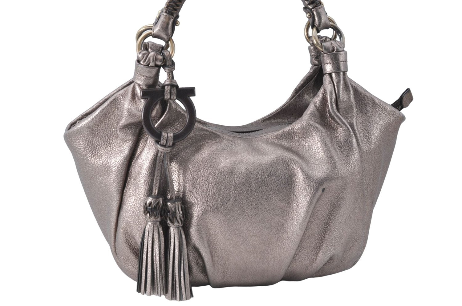 Authentic Ferragamo Gancini Tassel Leather Shoulder Bag Silver J1984