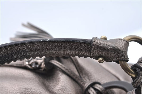 Authentic Ferragamo Gancini Tassel Leather Shoulder Bag Silver J1984