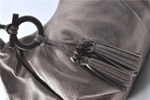 Authentic Ferragamo Gancini Tassel Leather Shoulder Bag Silver J1984