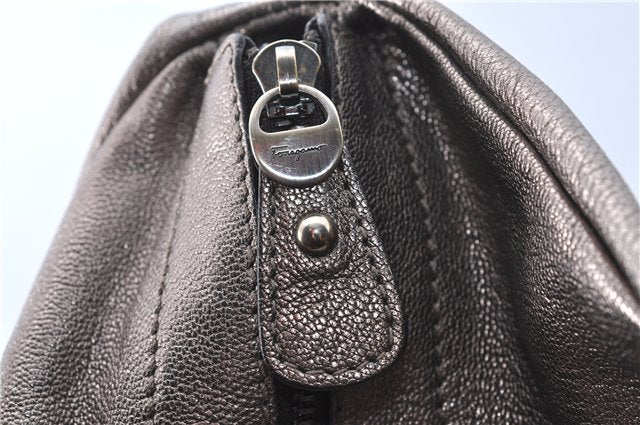 Authentic Ferragamo Gancini Tassel Leather Shoulder Bag Silver J1984