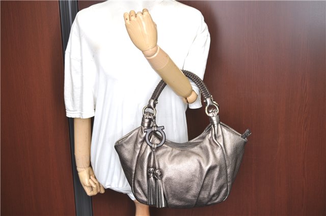 Authentic Ferragamo Gancini Tassel Leather Shoulder Bag Silver J1984