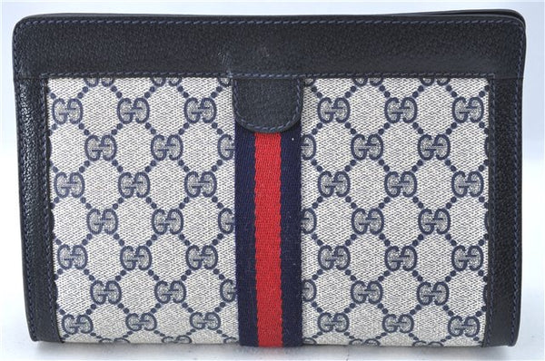 Authentic GUCCI Sherry Line Clutch Hand Bag Purse GG PVC Leather Navy Blue J1989