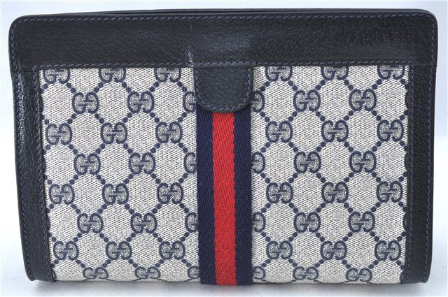 Authentic GUCCI Sherry Line Clutch Hand Bag Purse GG PVC Leather Navy Blue J1989