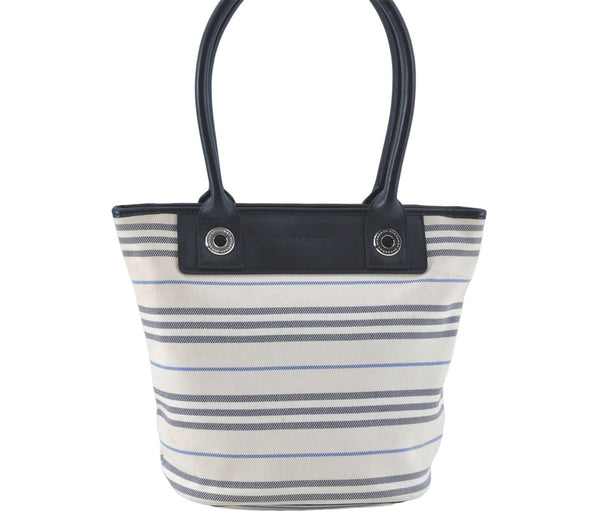 Authentic BURBERRY Vintage Canvas Leather Shoulder Tote Bag Ivory Navy J1990