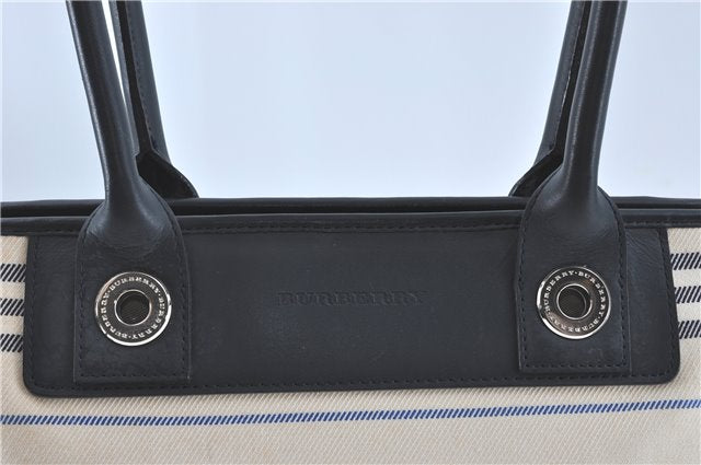 Authentic BURBERRY Vintage Canvas Leather Shoulder Tote Bag Ivory Navy J1990