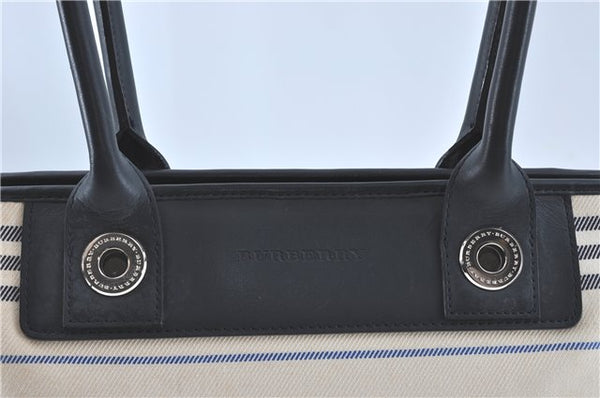 Authentic BURBERRY Vintage Canvas Leather Shoulder Tote Bag Ivory Navy J1990