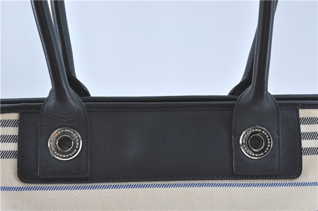 Authentic BURBERRY Vintage Canvas Leather Shoulder Tote Bag Ivory Navy J1990