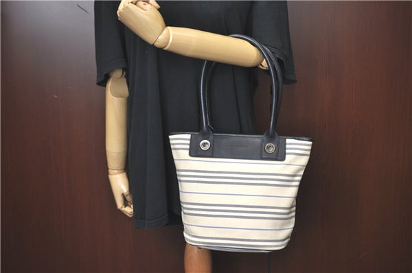 Authentic BURBERRY Vintage Canvas Leather Shoulder Tote Bag Ivory Navy J1990