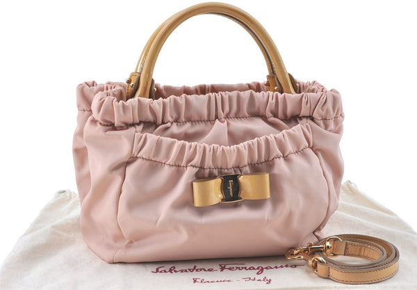 Auth Salvatore Ferragamo Vara Nylon Enamel 2Way Shoulder Hand Bag Pink SF J1992