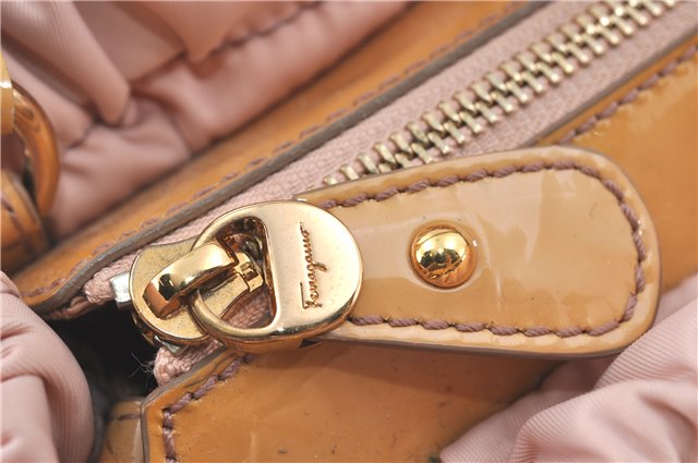 Auth Salvatore Ferragamo Vara Nylon Enamel 2Way Shoulder Hand Bag Pink SF J1992