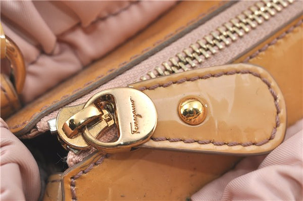 Auth Salvatore Ferragamo Vara Nylon Enamel 2Way Shoulder Hand Bag Pink SF J1992