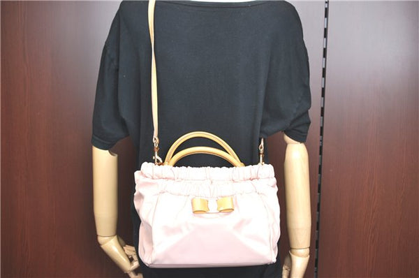 Auth Salvatore Ferragamo Vara Nylon Enamel 2Way Shoulder Hand Bag Pink SF J1992