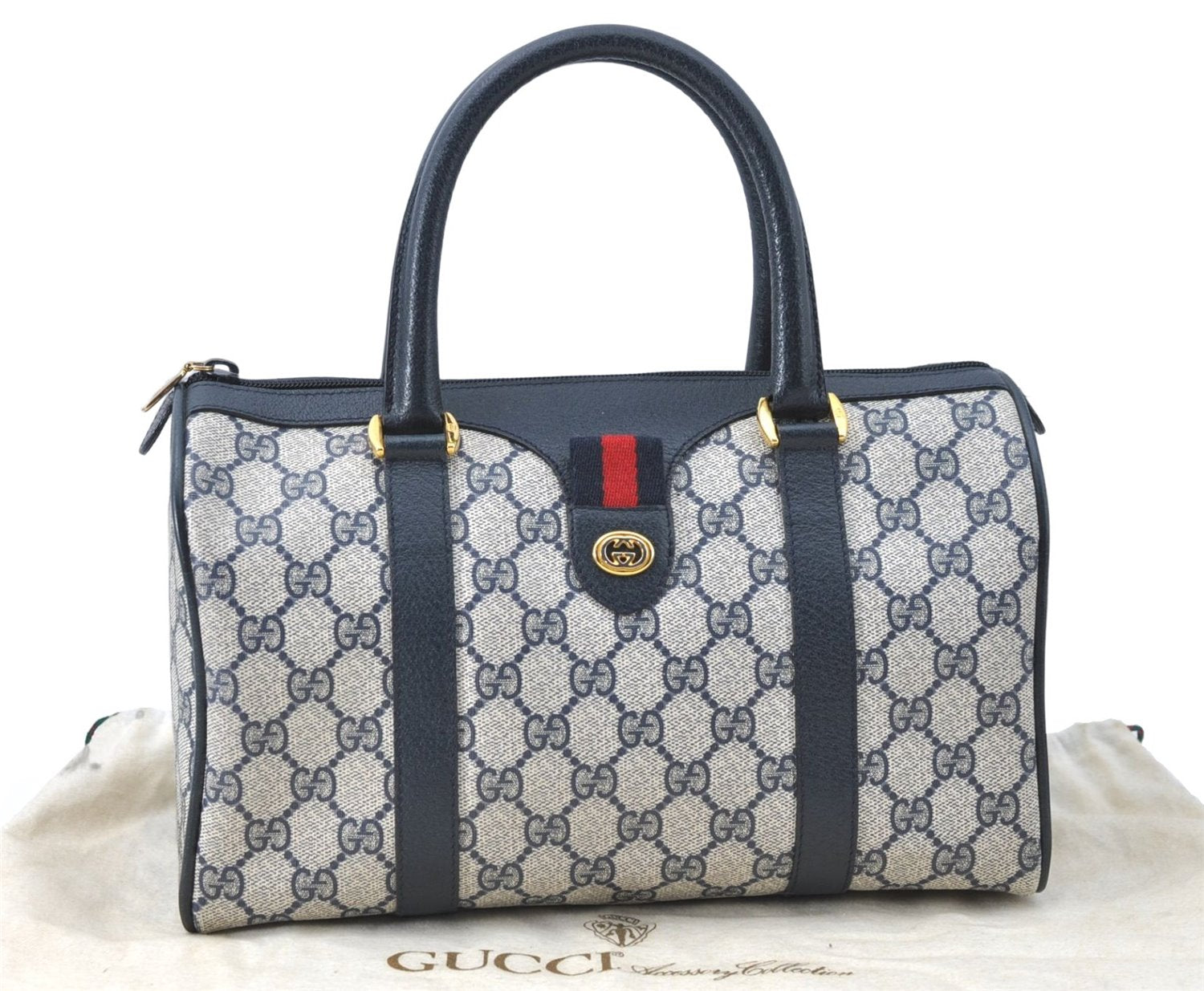 Authentic GUCCI Sherry Line Hand Boston Bag GG PVC Leather Blue Navy J1994