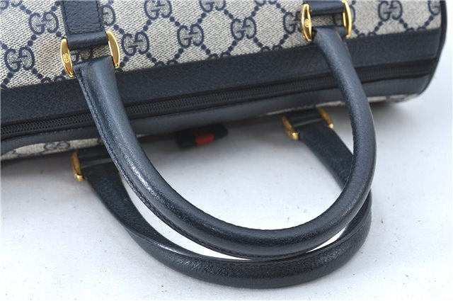 Authentic GUCCI Sherry Line Hand Boston Bag GG PVC Leather Blue Navy J1994