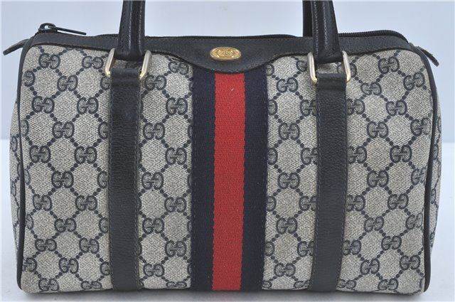 Authentic GUCCI Sherry Line Hand Boston Bag GG PVC Leather Navy Blue Junk J1996