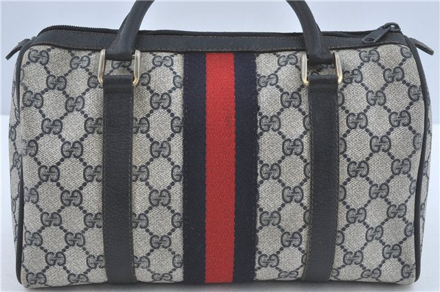 Authentic GUCCI Sherry Line Hand Boston Bag GG PVC Leather Navy Blue Junk J1996