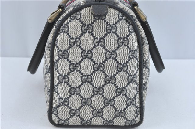 Authentic GUCCI Sherry Line Hand Boston Bag GG PVC Leather Navy Blue Junk J1996