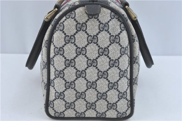 Authentic GUCCI Sherry Line Hand Boston Bag GG PVC Leather Navy Blue Junk J1996