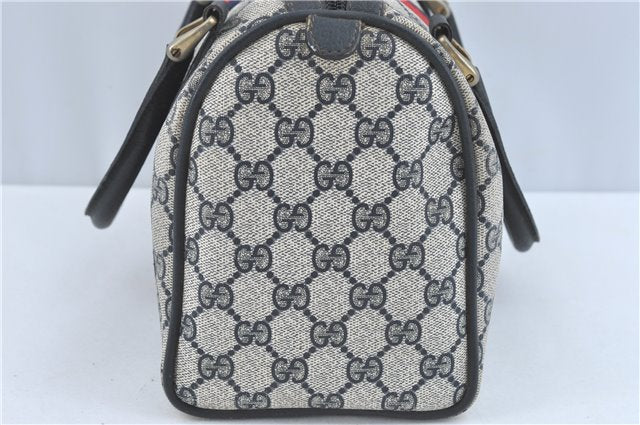 Authentic GUCCI Sherry Line Hand Boston Bag GG PVC Leather Navy Blue Junk J1996