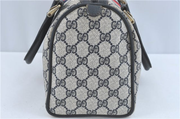 Authentic GUCCI Sherry Line Hand Boston Bag GG PVC Leather Navy Blue Junk J1996