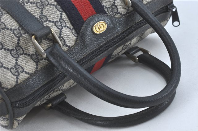 Authentic GUCCI Sherry Line Hand Boston Bag GG PVC Leather Navy Blue Junk J1996