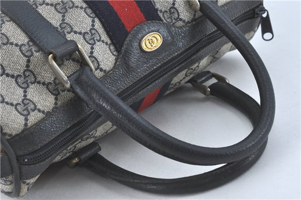 Authentic GUCCI Sherry Line Hand Boston Bag GG PVC Leather Navy Blue Junk J1996