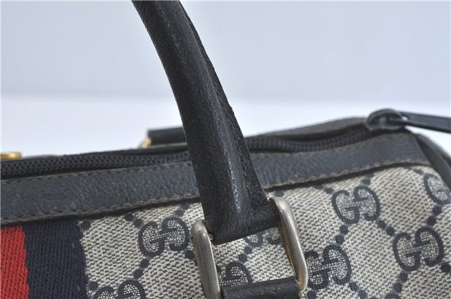 Authentic GUCCI Sherry Line Hand Boston Bag GG PVC Leather Navy Blue Junk J1996