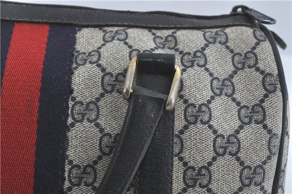 Authentic GUCCI Sherry Line Hand Boston Bag GG PVC Leather Navy Blue Junk J1996