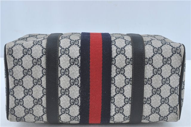 Authentic GUCCI Sherry Line Hand Boston Bag GG PVC Leather Navy Blue Junk J1996