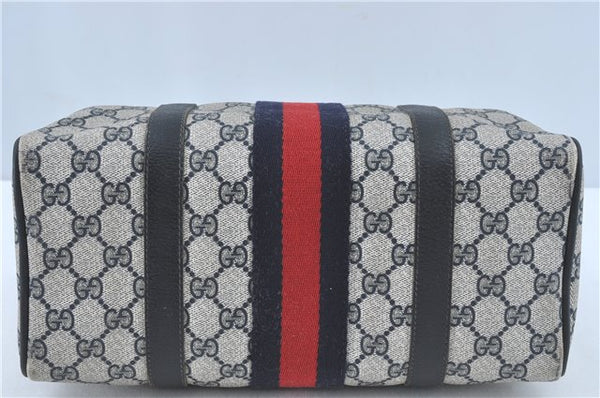 Authentic GUCCI Sherry Line Hand Boston Bag GG PVC Leather Navy Blue Junk J1996