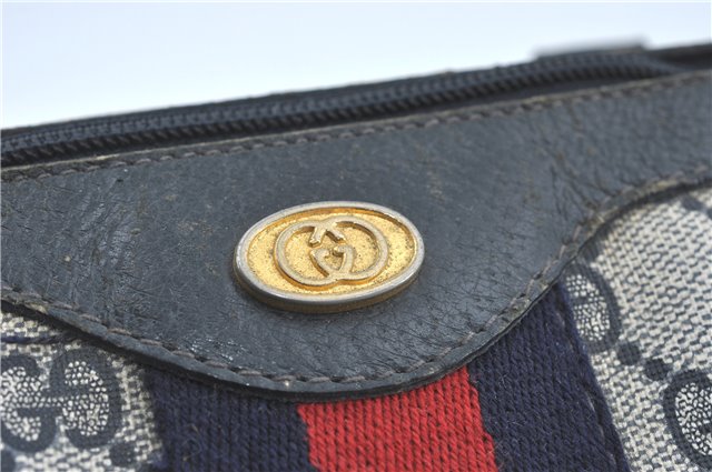 Authentic GUCCI Sherry Line Hand Boston Bag GG PVC Leather Navy Blue Junk J1996