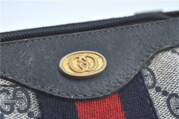 Authentic GUCCI Sherry Line Hand Boston Bag GG PVC Leather Navy Blue Junk J1996