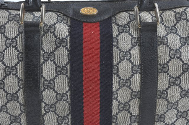 Authentic GUCCI Sherry Line Hand Boston Bag GG PVC Leather Navy Blue Junk J1996