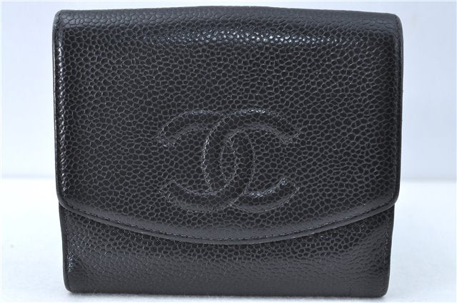 Authentic CHANEL Caviar Skin CC Logo Bifold Wallet Purse Black J2006