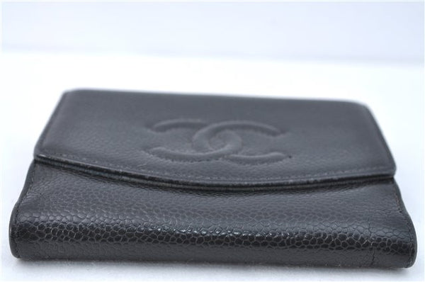 Authentic CHANEL Caviar Skin CC Logo Bifold Wallet Purse Black J2006