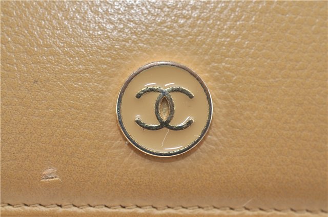 Authentic CHANEL CoCo Button Calf Skin Bifold Wallet Purse Beige CC Logo J2007