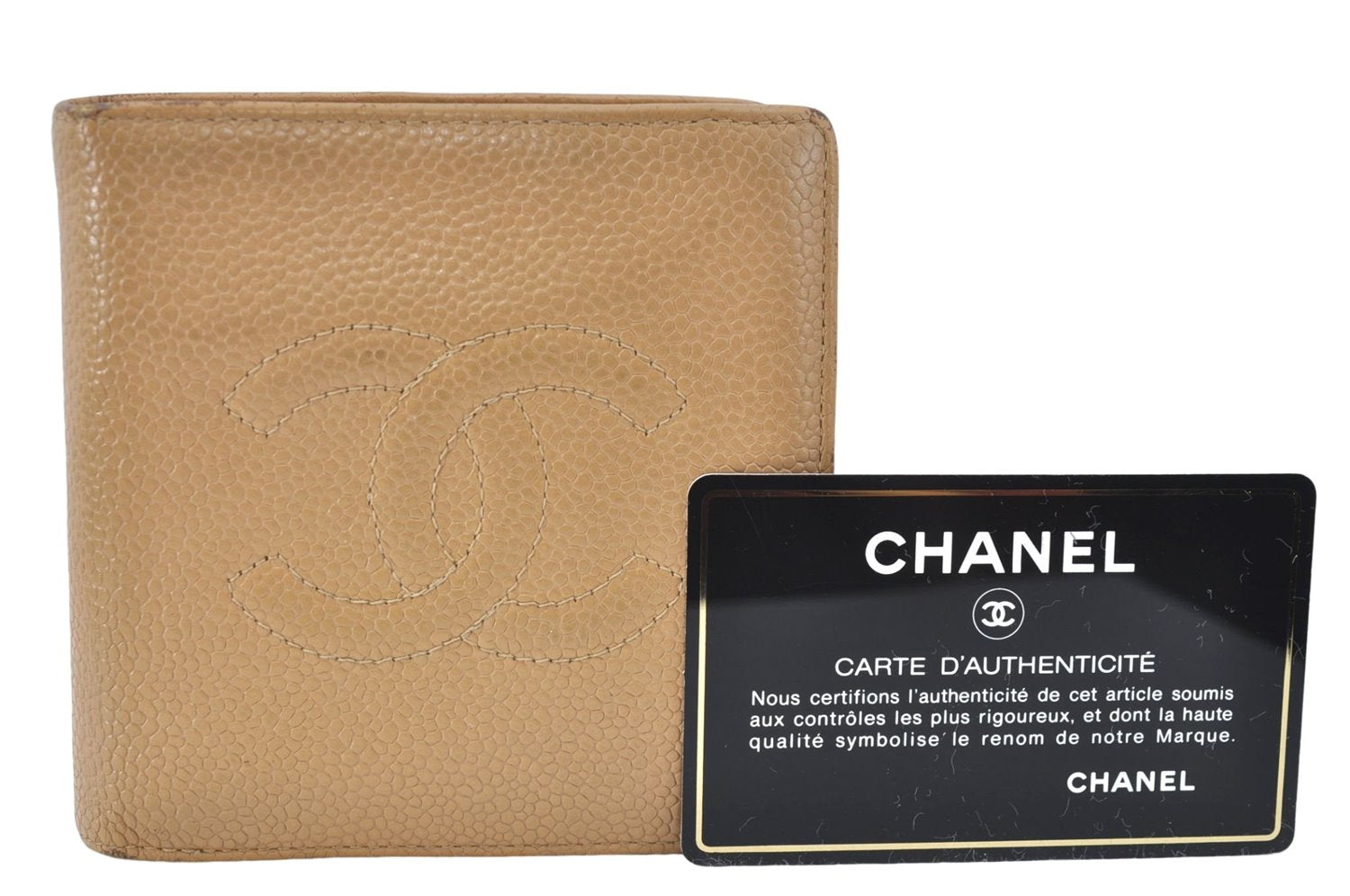 Authentic CHANEL Caviar Skin CC Logo Bifold Wallet Beige J2014