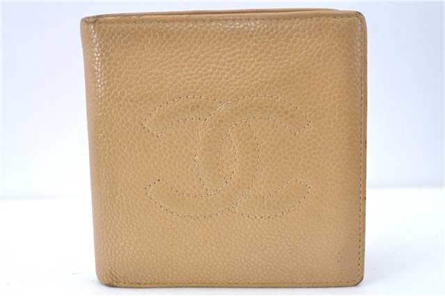 Authentic CHANEL Caviar Skin CC Logo Bifold Wallet Beige J2014