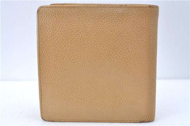 Authentic CHANEL Caviar Skin CC Logo Bifold Wallet Beige J2014