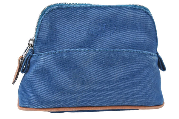 Authentic HERMES Bolide 16 Pouch Cosmetic Purse Canvas Cotton Leather Blue J2015