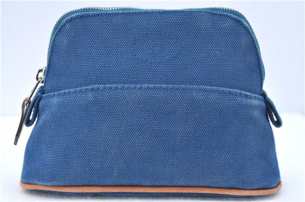 Authentic HERMES Bolide 16 Pouch Cosmetic Purse Canvas Cotton Leather Blue J2015