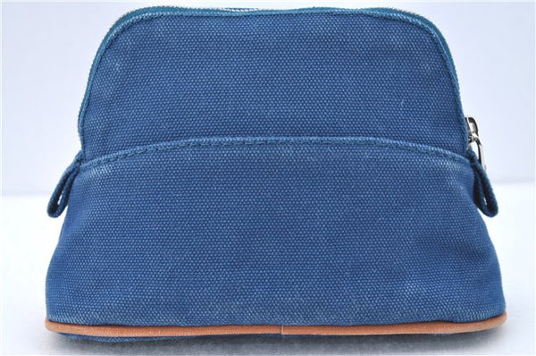 Authentic HERMES Bolide 16 Pouch Cosmetic Purse Canvas Cotton Leather Blue J2015