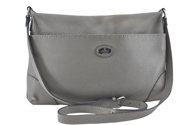 Authentic FENDI Selleria Shoulder Cross Body Bag Leather Gray J2120