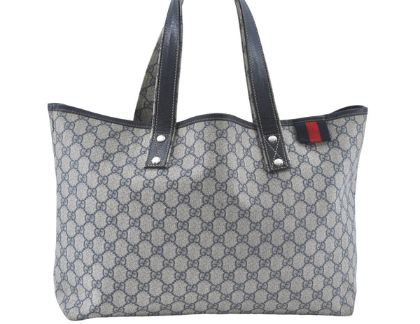 Authentic GUCCI Sherry Line Shoulder Tote Bag GG PVC Leather 211134 Navy J2123